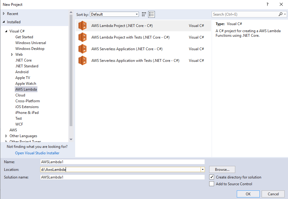 Create AWS Lambda project in Visual Studio