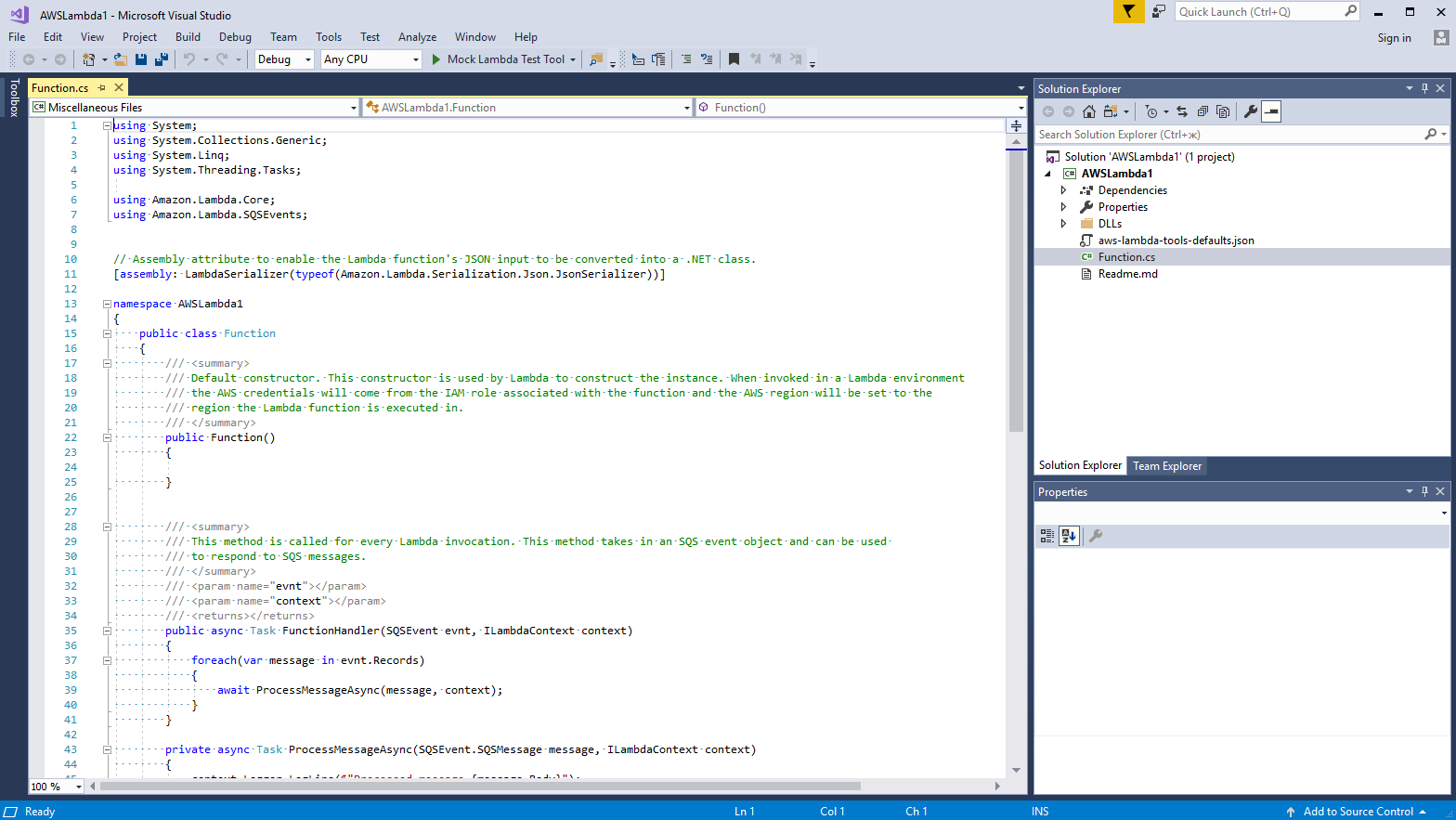 Open code of AWS Lambda function in Visual Studio