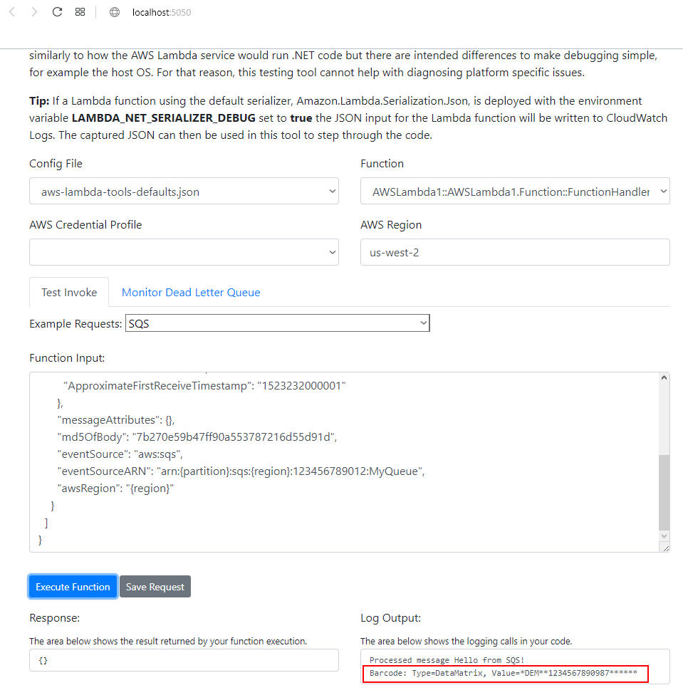 Result of barcode recognition using AWS Lambda function