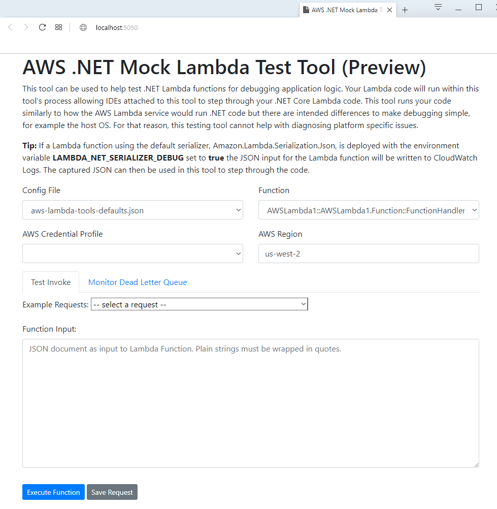 Run AWS Lambda function in AWS .NET Mock Lambda Test Tool