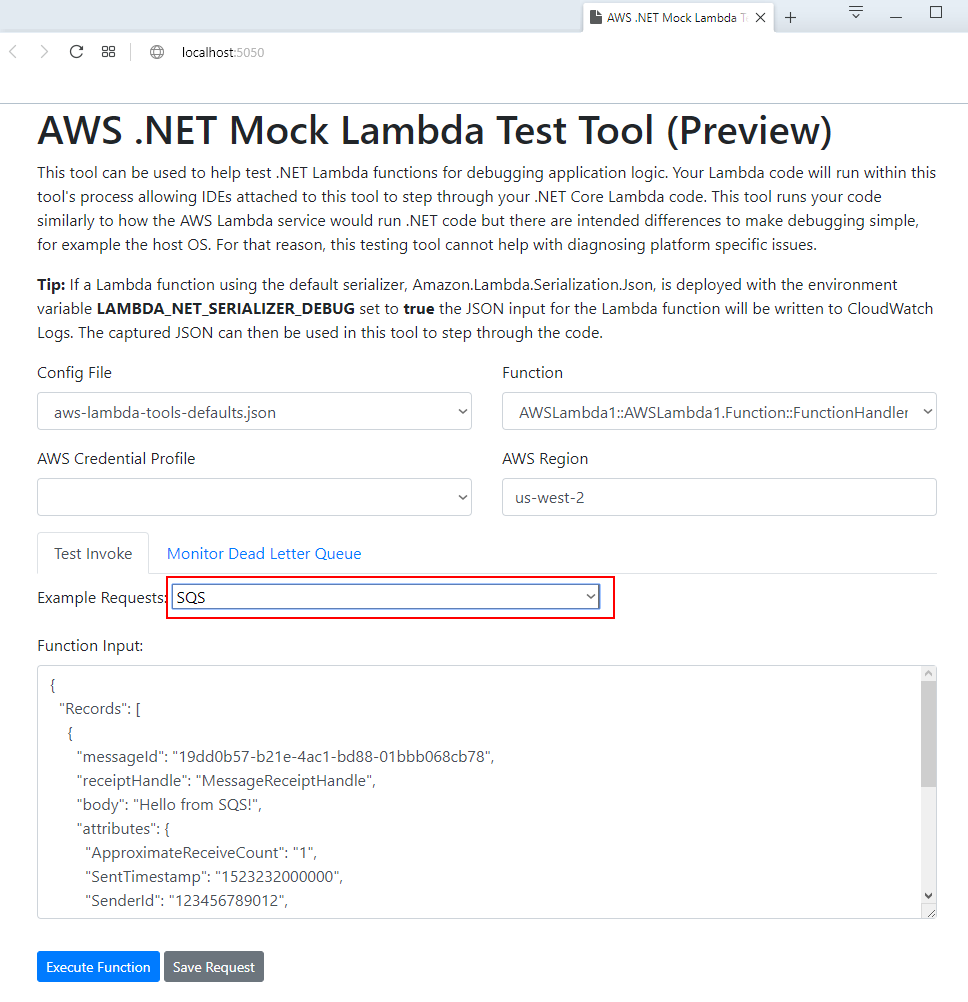 Send a SQS request to our AWS Lambda function