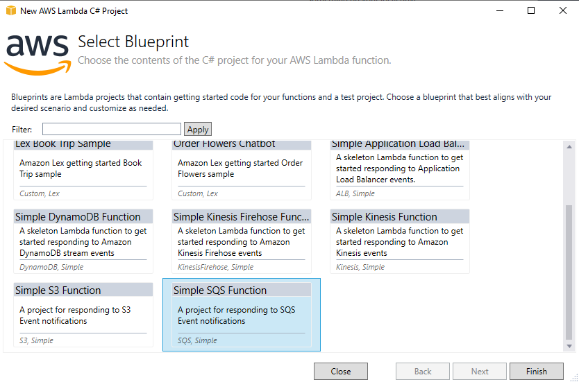 Use simple SQS function as content for AWS Lambda function in Visual Studio