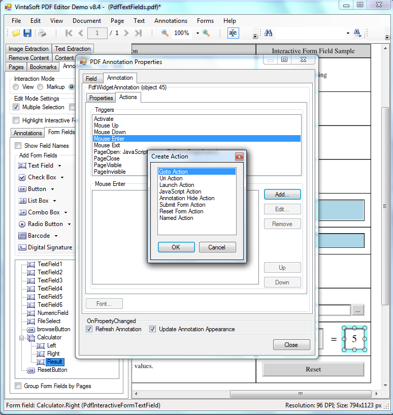 Change action for PDF interactive field trigger in VintaSoft PDF Editor Demo