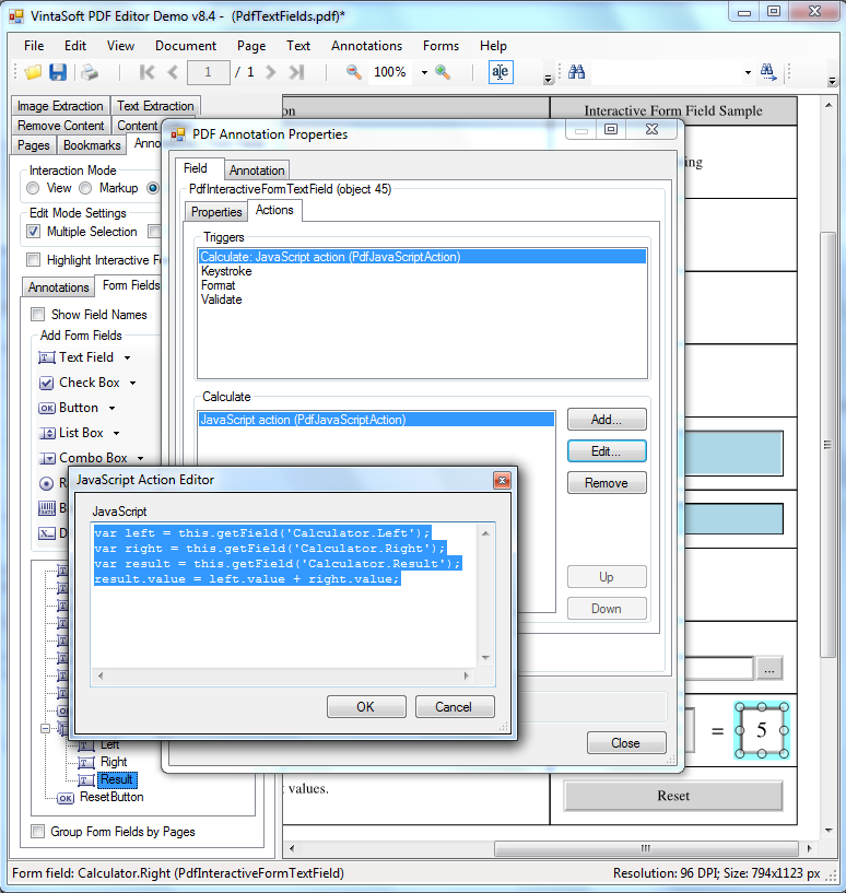 Change JavaScript action for PDF interactive field trigger in VintaSoft PDF Editor Demo