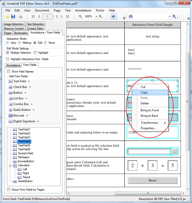 Create, copy or delete PDF interactive fields in VintaSoft PDF Editor Demo