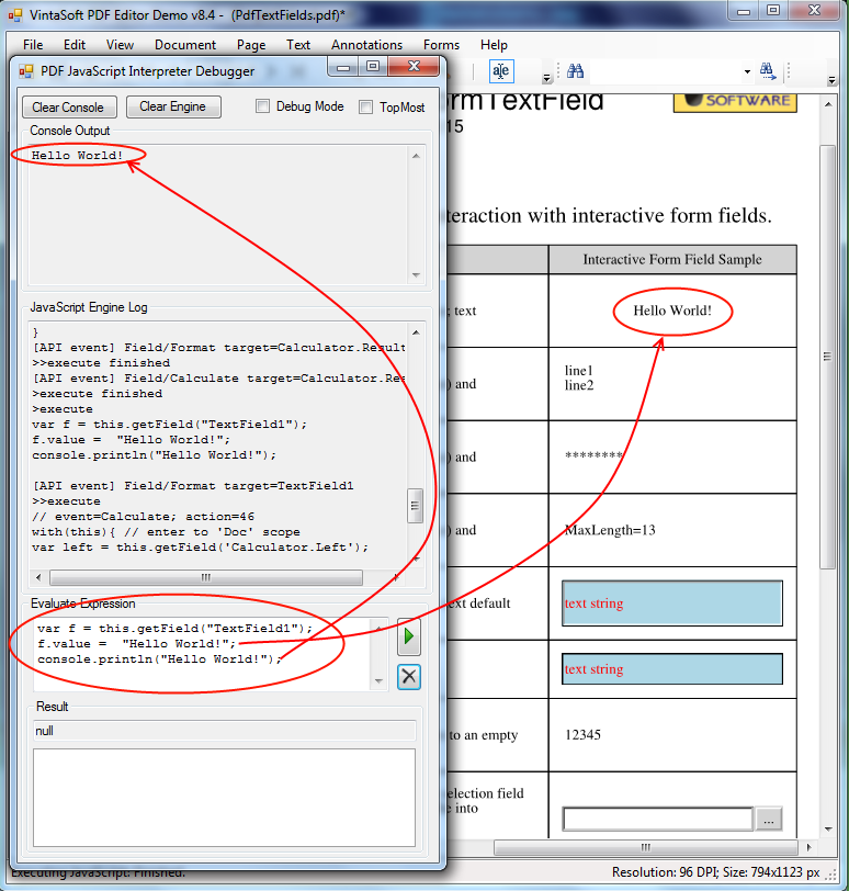Debug JavaScript code in VintaSoft PDF Editor Demo