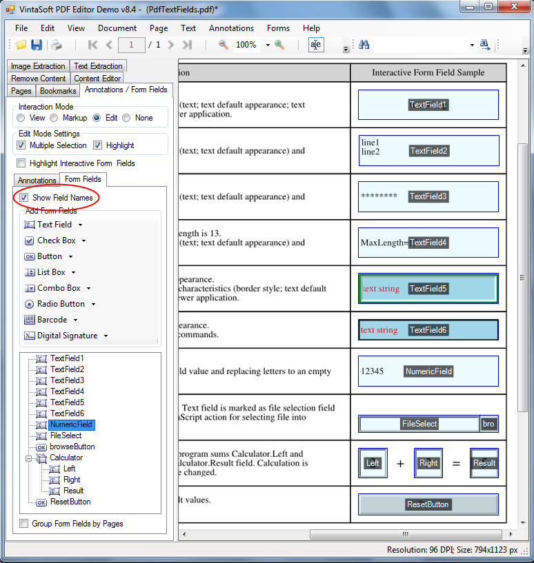 Display field name over PDF interactive field in VintaSoft PDF Editor Demo