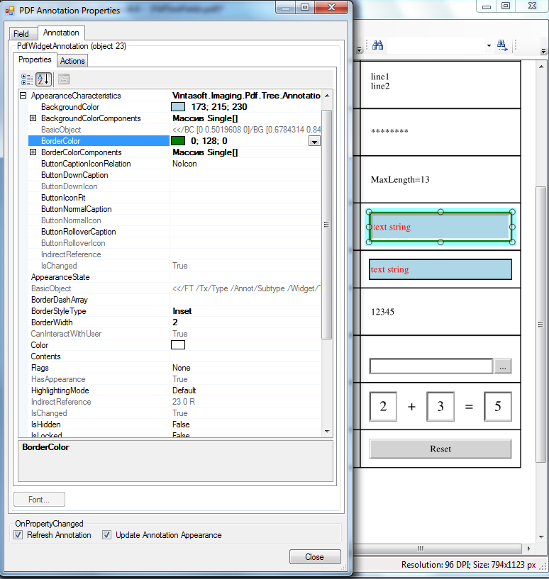 Edit PDF interactive field appearance properties in VintaSoft PDF Editor Demo