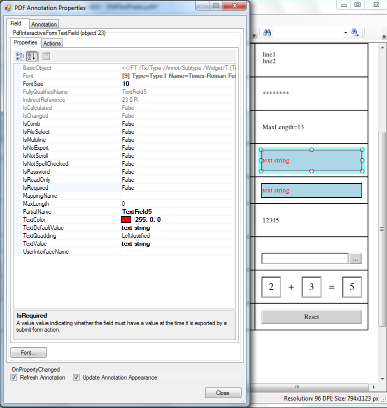 Edit PDF interactive field properties in VintaSoft PDF Editor Demo