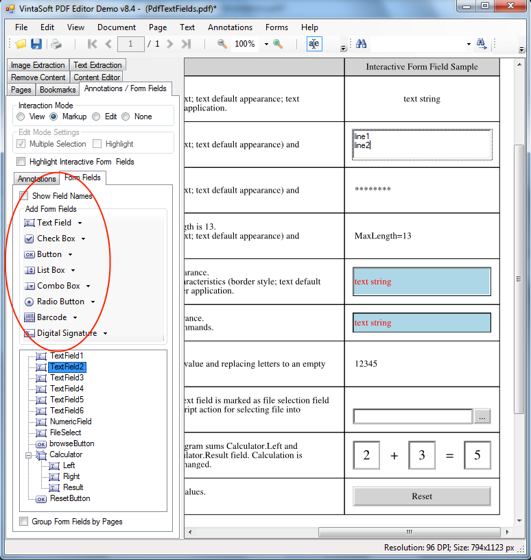 Fill PDF interactive fields in VintaSoft PDF Editor Demo