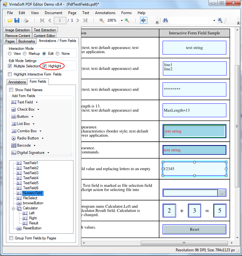 Highlight PDF interactive fields in Edit mode in VintaSoft PDF Editor Demo