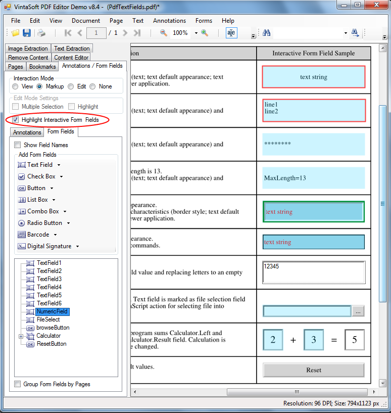 Highlight PDF interactive fields in VintaSoft PDF Editor Demo