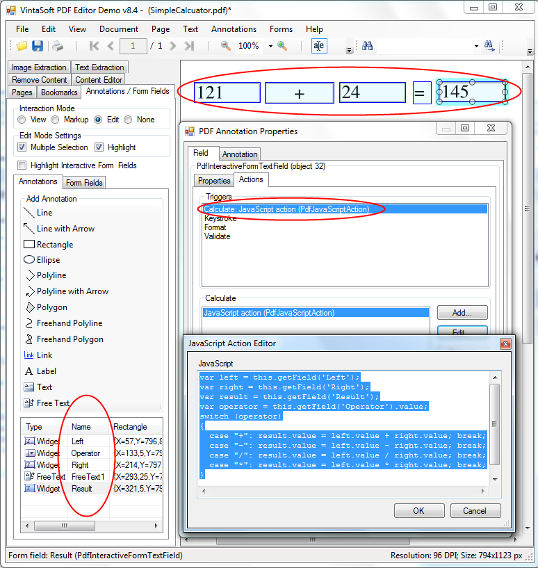 Perform JavaScript code in VintaSoft PDF Editor Demo