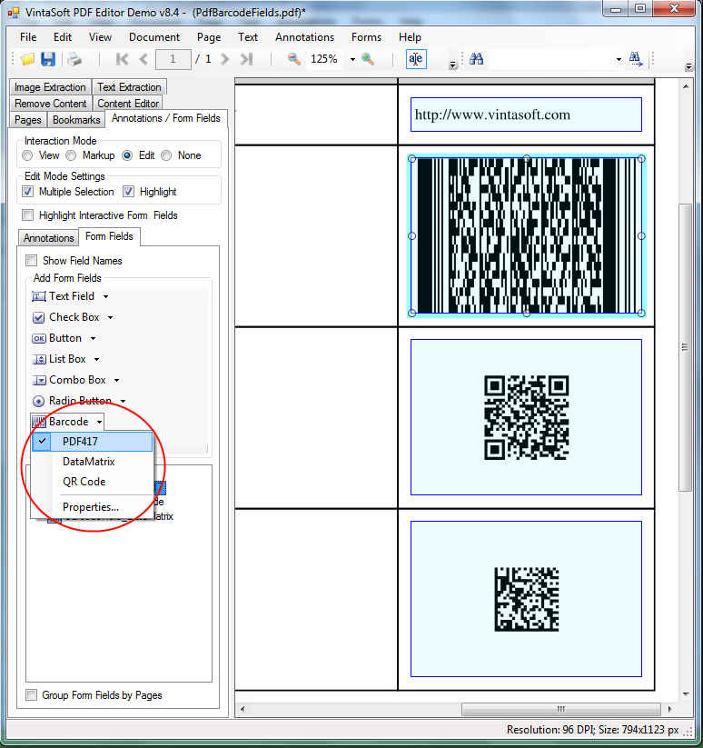 Use PDF interactive field with QR Code, DataMatrix, PDF417 barcode in VintaSoft PDF Editor Demo