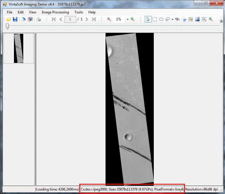 Very large JPEG2000 image with 1% zoom in VintaSoft Imaging Demo