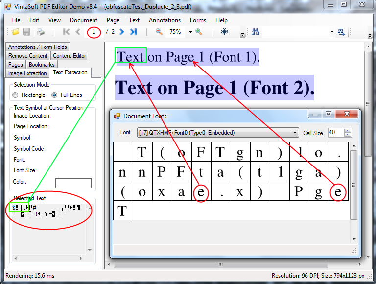 The same character is written using different glyphs after text encoding obfuscation in PDF document