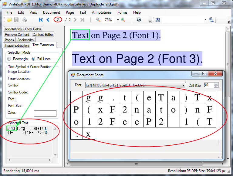 The same word is written using different fonts after text encoding obfuscation in PDF document