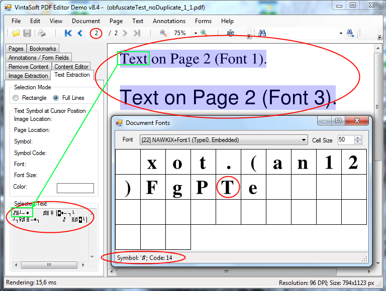 The same word is written using one font after text encoding obfuscation in PDF document