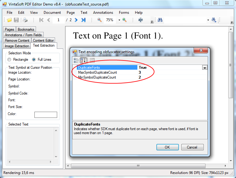 Settings for strong text encoding obfuscation in PDF document