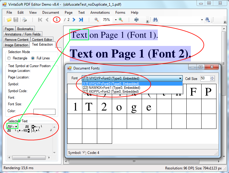 Text after text encoding obfuscation in PDF document