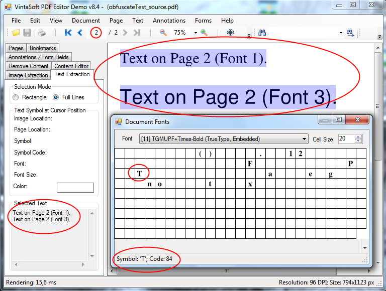 Text characters before text encoding obfuscation in PDF document