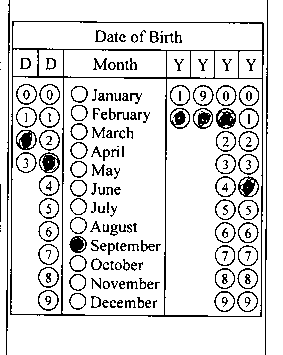 An image (100dpi) of filled non-rotated OMR form, which stores the date of birth