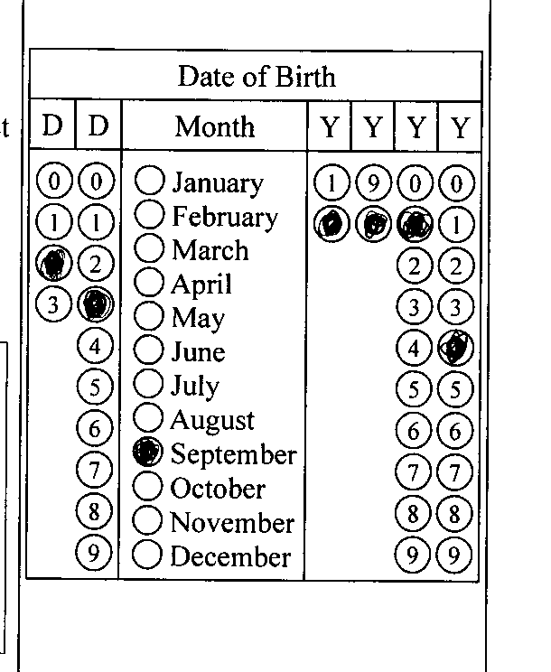 An image (200dpi) of filled non-rotated OMR form, which stores the date of birth