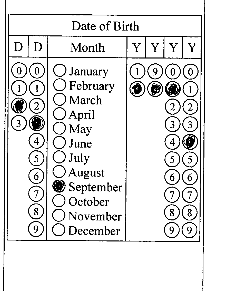 An image (300dpi) of filled non-rotated OMR form, which stores the date of birth