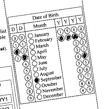 An image of filled rotated (20 degrees) OMR form, which stores the date of birth
