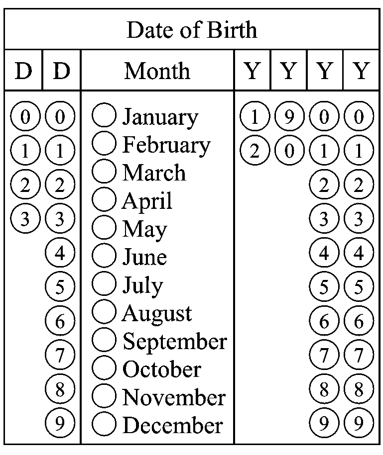 Image of OMR form template for filling date of birth