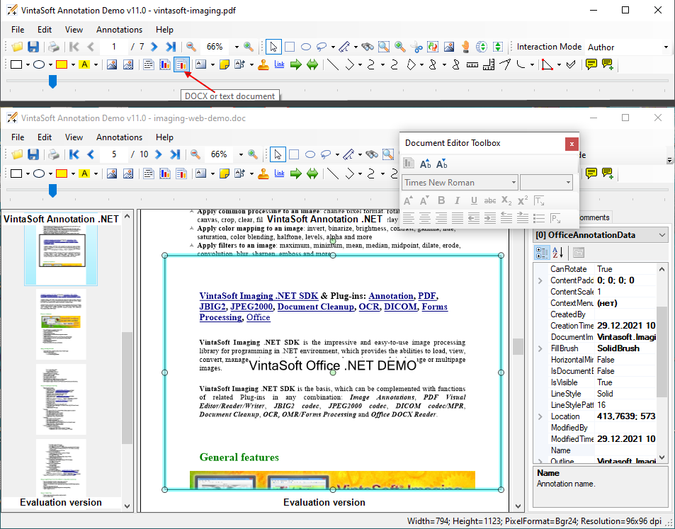 VintaSoft Imaging .NET SDK 11.0: Добавление Office-аннотации с DOCX страницей на изображение