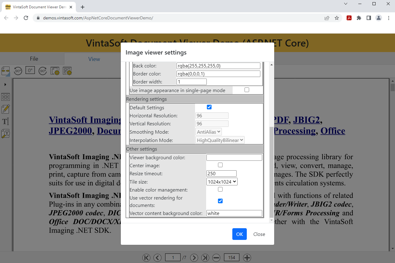 VintaSoft Imaging .NET SDK 12.0: Web Image Viewer Settings