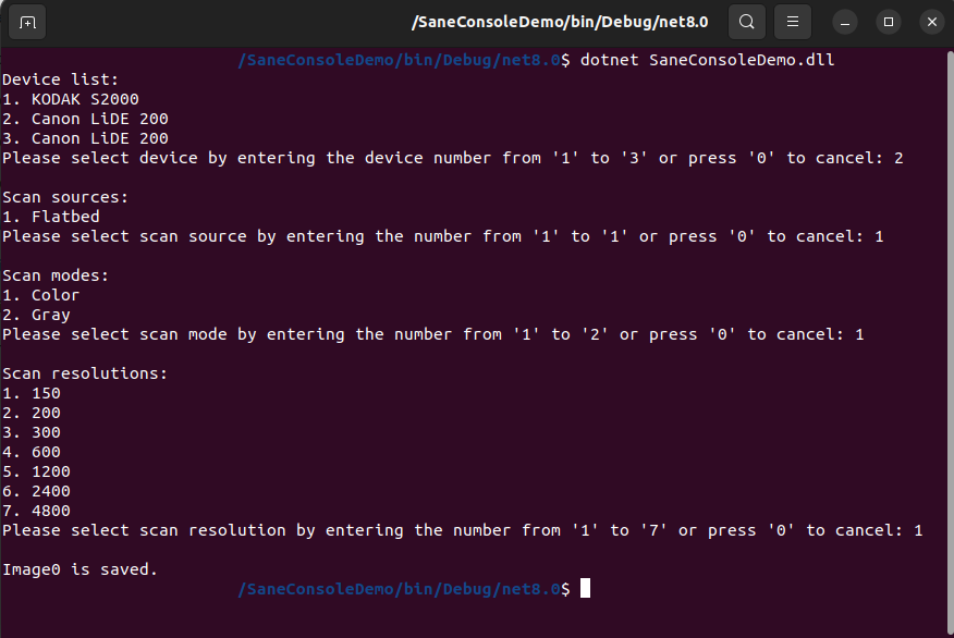 VintaSoft TWAIN .NET SDK 15.0: Acquisisci immagini dallo scanner SANE nell'applicazione console .NET per Linux