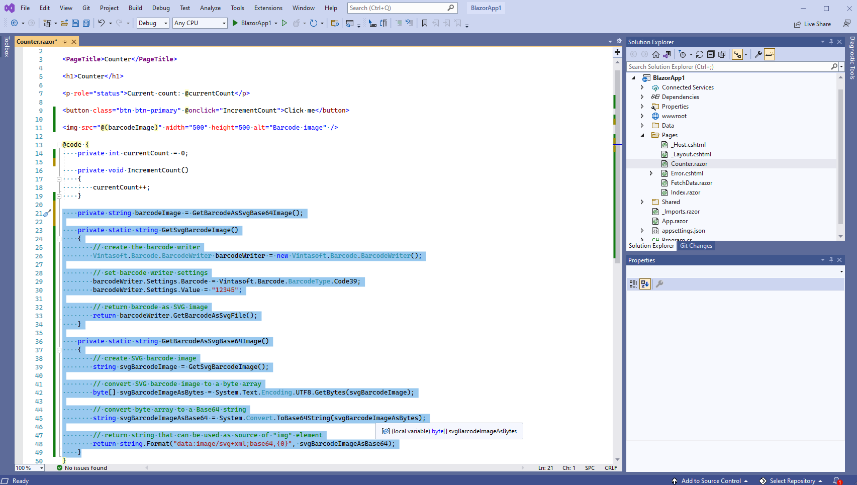 Add C# code, which generates barcode image, to the 'Counter.razor' page