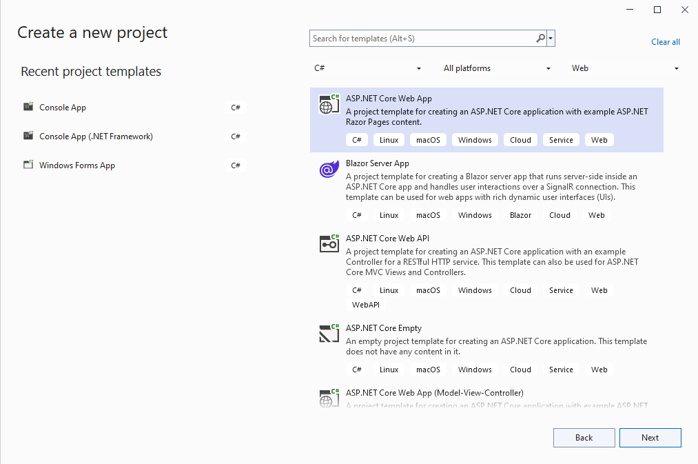 Open Visual Studio .NET 2019 and create a new project, of ASP.NET Core Web Application type