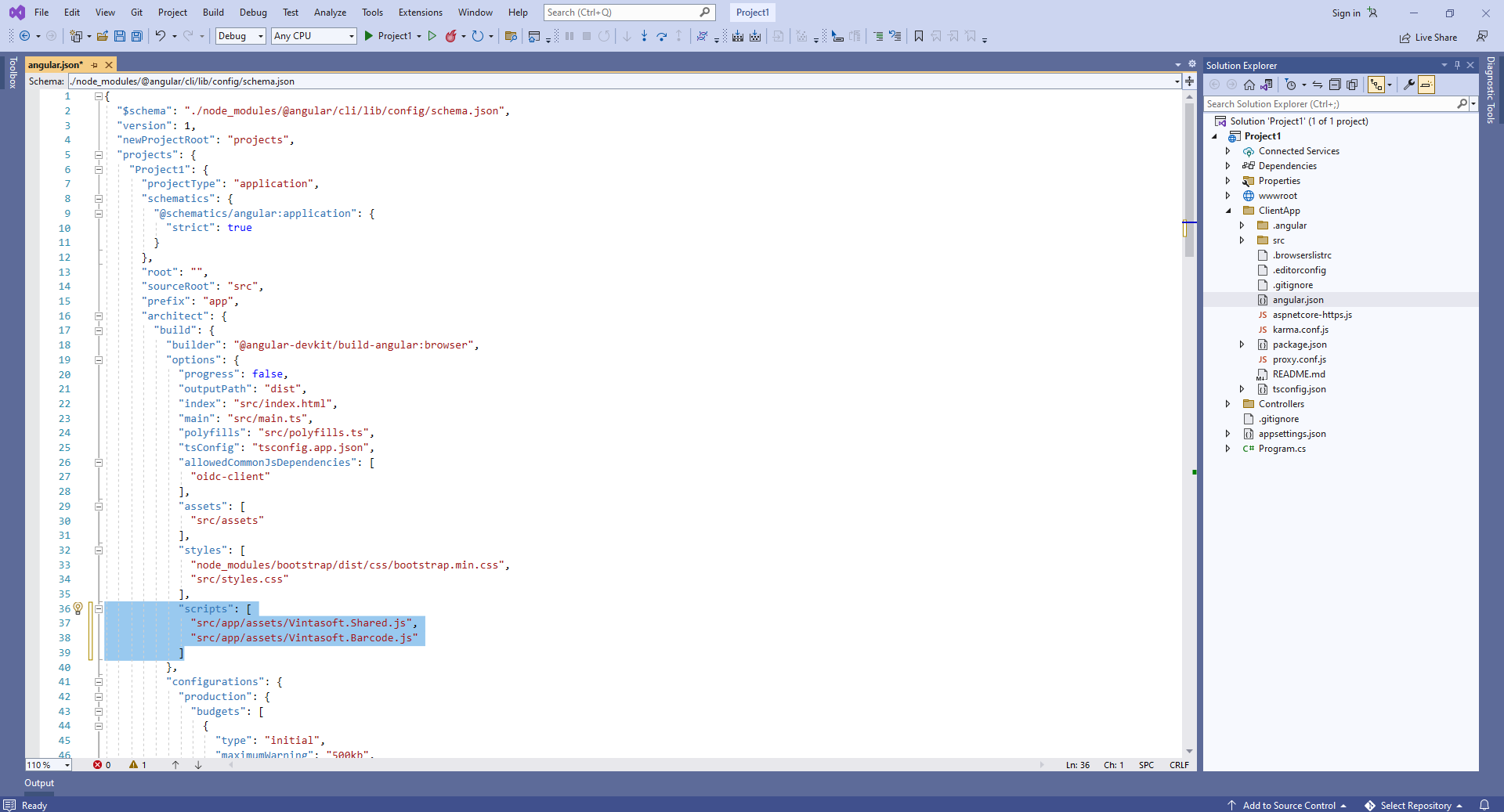Add references to Vintasoft JavaScript files to the Scripts section in angular.json file