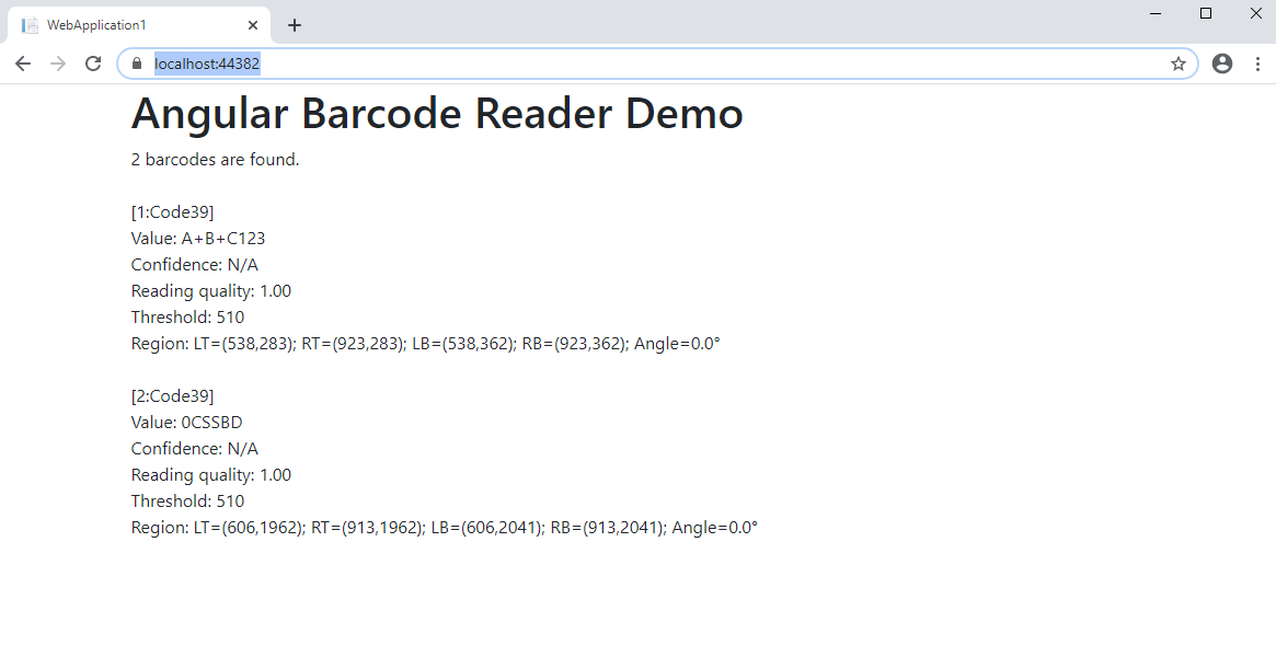 Barcode recognition result in ASP.NET Core Web application with Angular