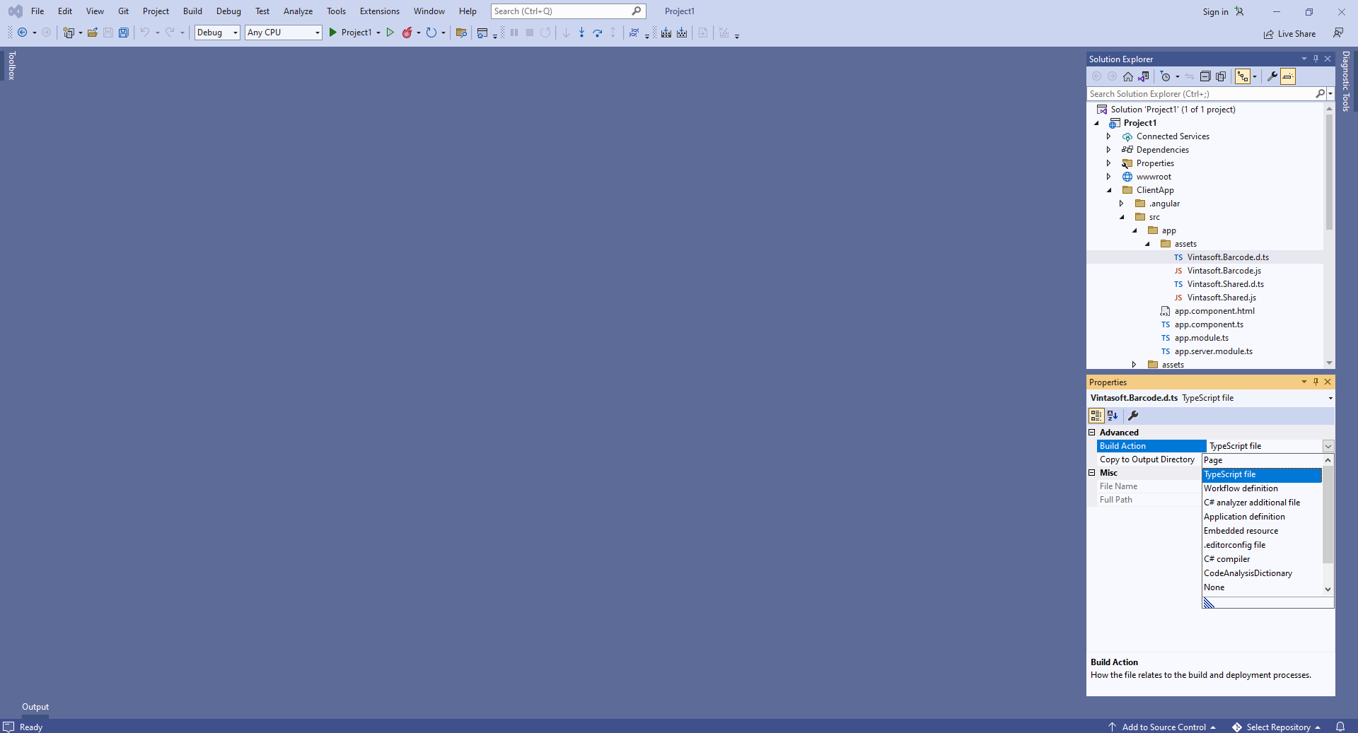 Set 'Build Action' to the 'TypeScript file' for Vintasoft.Shared.d.ts and Vintasoft.Barcode.d.ts files