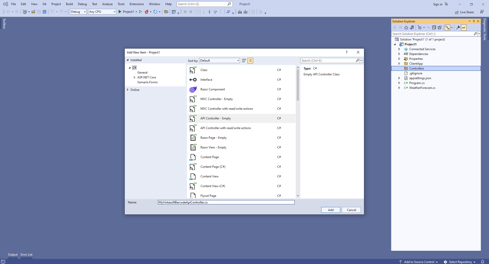 Select Empty API controller template, set the controller name to the MyVintasoftBarcodeApiController and press the Add button