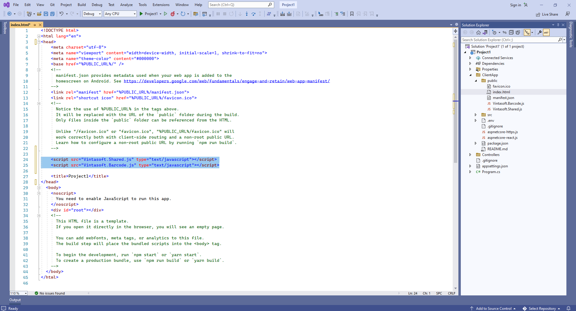 Add references to Vintasoft JavaScript files to the header of index.html file