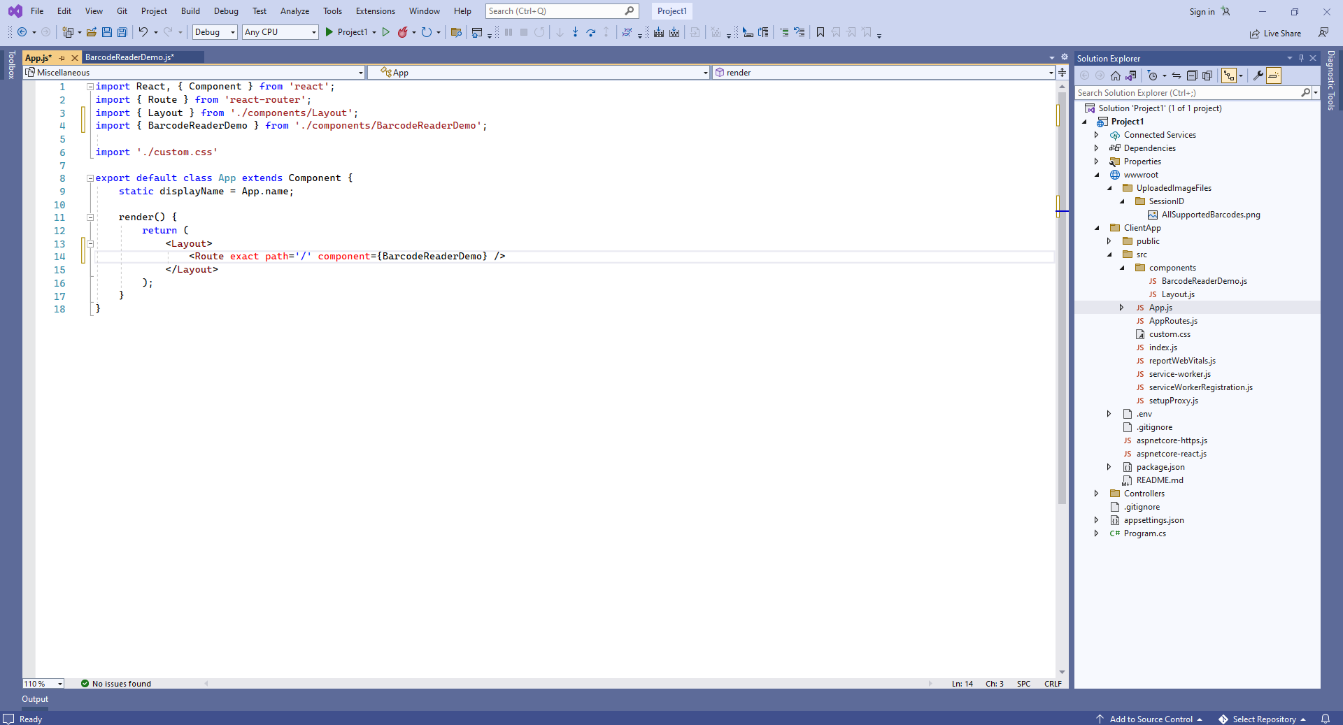Add created React.js component to the React.js application