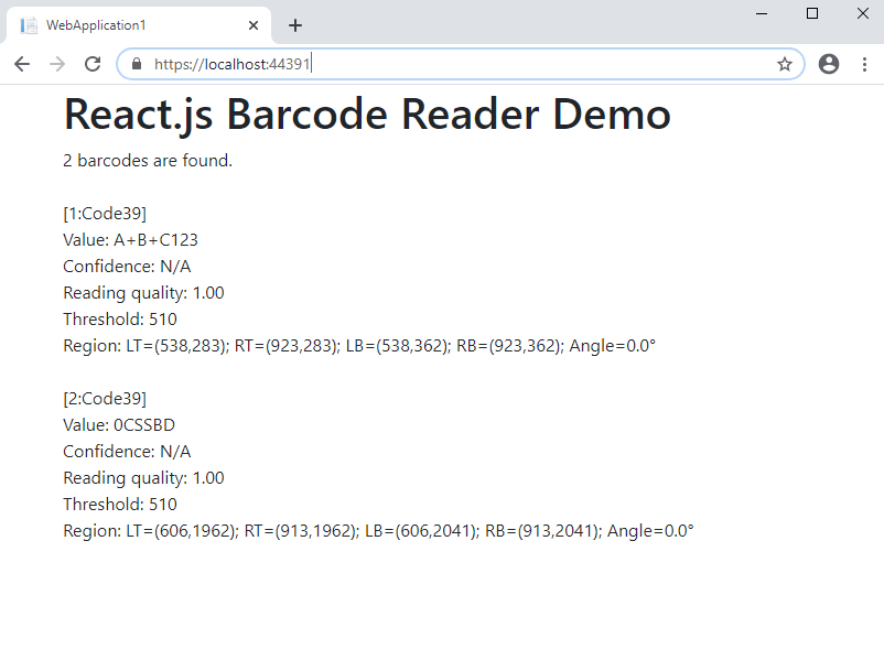 Barcode recognition result in ASP.NET Core Web application with React.js