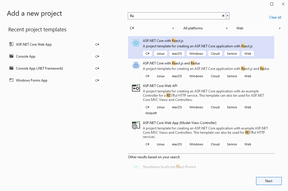 Open Visual Studio .NET 2022 and create a new project, of ASP.NET Core with React.js Application type