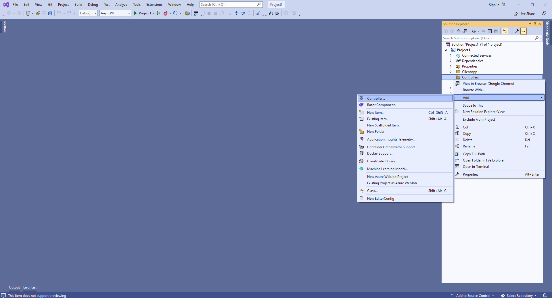 Select 'Add => Controller' context menu for 'Controllers' folder