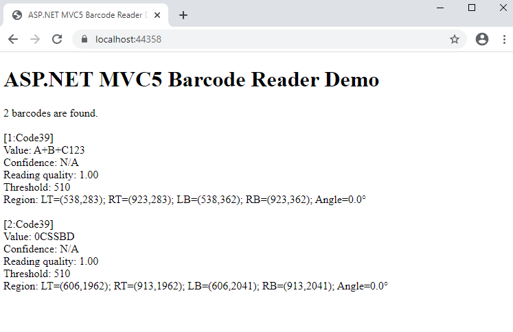 Barcode recognition result in ASP.NET MVC5 application