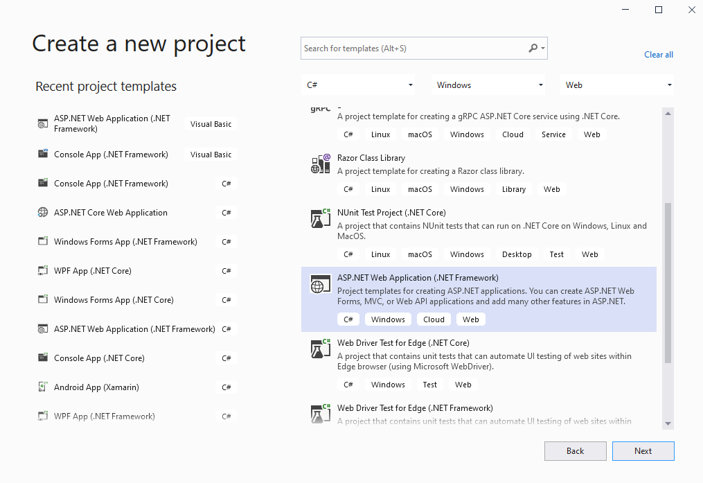 Open Visual Studio .NET 2019 and create a new project, of ASP.NET Web Application type, and configure the project to use .NET Framework 4.7.2