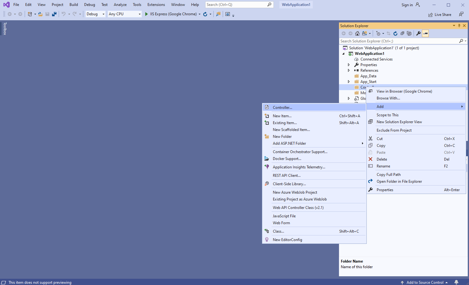 'Add => Controller' context menu